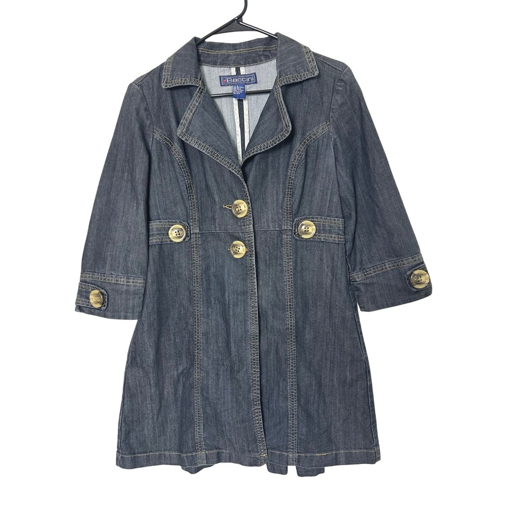 Y2K Baccini Denim Jacket‎ Women S Dark Wash Blue 3/4 Sleeve Trench Coat New York